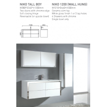 ECT NIKO 1200 (WALL HUNG) Ceramic Slim Top White Gloss Finish 1 Tap Holes 4 Drawers with chrome Single Bowl Only